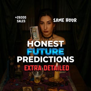 May include: A woman holding a tarot card with the words "Honest Future Predictions" in white and blue text. The image includes the text "+26000 SALES" and "SAME HOUR" in white text. A lit candle and other items are on the table.