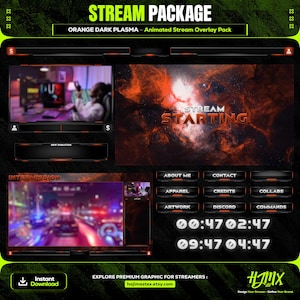 Galaxy Orange Dark Plasma Animated Stream Overlay Set | Twitch, Kick, YouTube | Panels, Webcam Frame, Alerts, Timer, Stinger Transition
