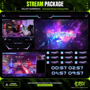 Galaxy Supernova Animated Stream Overlay Pack | Twitch Kick YouTube Scenes Alerts Webcam Timer | Neon Cosmic Vibe Live Design