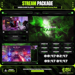 Pacote de sobreposição de fluxo de plasma Galaxy Green Dark | Sobreposições animadas para Twitch, Kick e YouTube | Recursos do Vtuber, painéis, webcam, temporizador e Stinger