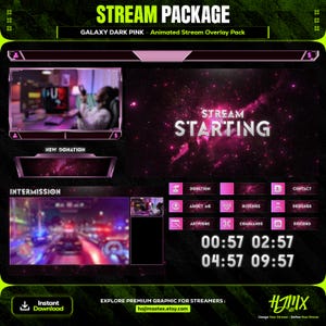 GALAXY DARK PINK Stream Overlay Pack for Twitch, Obs, YouTube | Animated Screens, Alerts, Webcam, Panels & Stinger Included