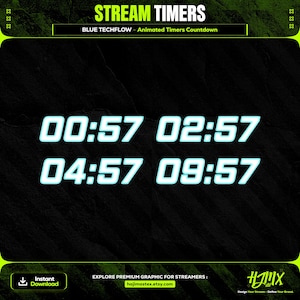 Blue Techflow Animated Timers Countdown for Stream | Twitch, YouTube & Kick | 1m, 3m, 5m, 10m | Complete Livestream Graphic.