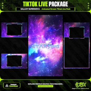 Pacote de transmissão ao vivo do Galaxy Supernova Animated TikTok | telas, webcams, transição | design vertical - limpo - aconchegante.