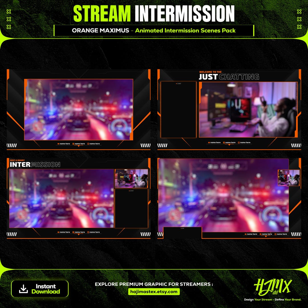 Streamer Raction Corner Animated Overlay Pack – 4x Orange Maximus Intermission Scenes (just ...