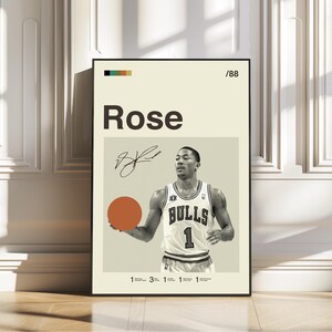 Póster de Derrick Rose, Chicago Bulls, Póster de la NBA, Póster firmado, Póster moderno de mediados de siglo, Póster de baloncesto, Regalos deportivos, Regalos de la NBA