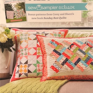 May include: A book titled Sunday Best Pillows with a sew sampler exclusive label and bonus patterns from the book Sunday Best Quilts by Sherri L. McConnell and Corey Yoder. The cover features two quilted pillows with colorful geometric patterns.