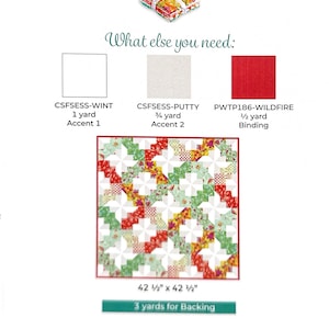 May include: A quilt pattern guide titled Winding Path Quilt featuring a 6-piece Tiny Beasts fat quarter bundle, fabric requirements including 1 yard of CSFSESS-WINT, 3/4 yard of CSFSESS-PUTTY, 1/2 yard of PWTP186-WILDFIRE, and a 42 1/2 by 42 1/2 inch finished quilt.