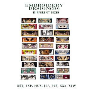 Pacote de Bordados de Olhos de Anime – 30 Desenhos em formatos dst, exp, jef, pes, xxx e sew
