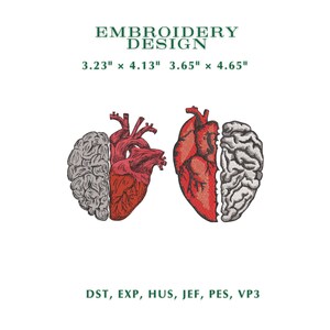 Disegno da ricamo anatomico di cuore e cervello – Arte della salute mentale (download immediato)