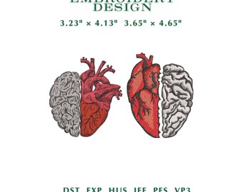 Desenho de bordado de coração e cérebro anatômicos – Arte para saúde mental (Download instantâneo)