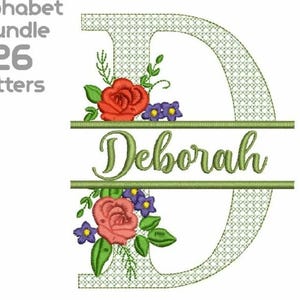 May include: Embroidered floral alphabet letter "D" with the name "Deborah" in green script. The design includes red roses, purple flowers, and green leaves. The text "Alphabet Bundle 26 letters" is in the upper left.