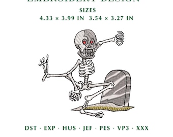 Funny Dancing Skeleton Embroidery Design, Spooky Graveyard Halloween (Digital Download)