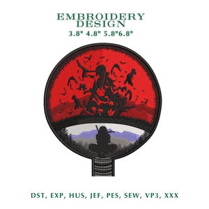 May include: A circular embroidery design featuring a red background with black silhouettes of birds and a figure. Below, a light-colored landscape with a seated figure is depicted. Text reads EMBROIDERY DESIGN 3.8" 4.8" 5.8" 6.8" and DST, EXP, HUS, JEF, PES, SEW, VP3, XXX.
