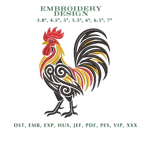 Puede incluir: Diseño de bordado de un gallo con cresta roja, detalles amarillos y rojos, y plumas negras. Disponible en varios tamaños, desde 9,65 cm hasta 17,78 cm. Se enumeran los formatos de archivo.