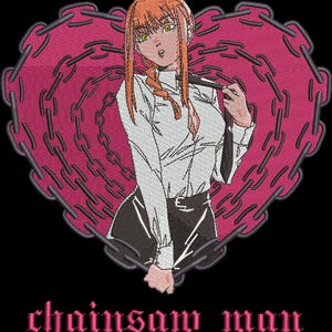 May include: Embroidered patch showing an anime character with orange hair, wearing a white shirt and black skirt, set against a pink heart-shaped background with a chain border. The text "chainsaw man" is at the bottom.