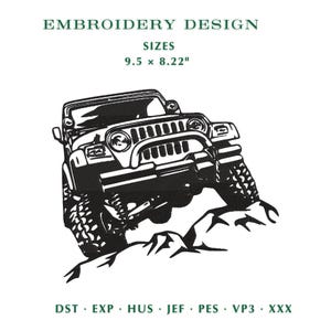 Puede incluir: Un diseño de bordado con una ilustración de líneas negras de un vehículo todoterreno sobre terreno rocoso. El texto dice EMBROIDERY DESIGN, SIZES 9.5 x 8.22", y los formatos de archivo DST, EXP, HUS, JEF, PES, VP3, XXX.