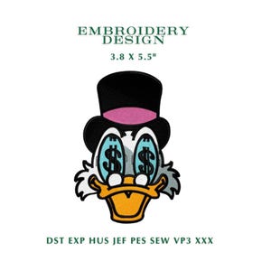 Diseño de bordado de dibujos animados de pato con ojos de dinero / Archivo de máquina multiformato / Descarga instantánea