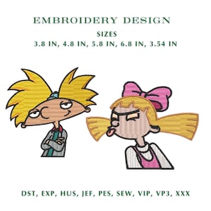 May include: Embroidery design featuring two cartoon characters with yellow hair. The text reads EMBROIDERY DESIGN SIZES 3.8 IN, 4.8 IN, 5.8 IN, 6.8 IN, 3.54 IN and DST, EXP, HUS, JEF, PES, SEW, VIP, VP3, XXX. One character has a blue cap and the other a pink bow.