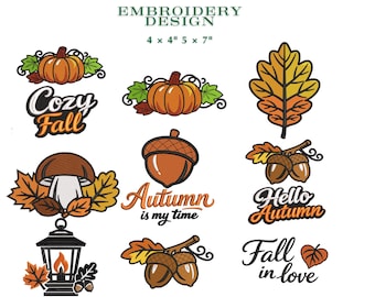Autumn Embroidery Designs Bundle | Pumpkin, Leaf, Acorn, Mushroom Files (Digital Download)