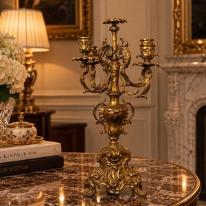 May include: A gold-toned metal candelabra featuring an ornate, scrolled base and central stem with three candle holders. The structure displays intricate relief detailing throughout, with a weathered finish and a symmetrical design.