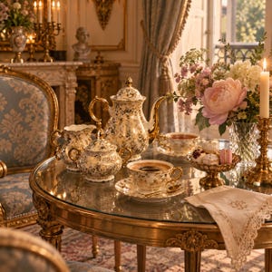 Könnte beinhalten: Ein Teeservice aus Porzellan mit weißem Untergrund und komplexen Goldblattmustern, bestehend aus Teekanne, Milchkännchen, Zuckerdose und Tassen mit Untertassen. Das Set steht auf einem Glastisch mit einem Blumenstrauß und einer Kerze.