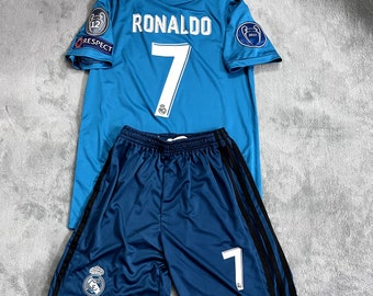 Cristiano Ronaldo No. 7 Football Uniform 2017-2018 Real Madrid Blue Jersey - Short & Long Sleeve Suit, Second Away Fan Jersey Set