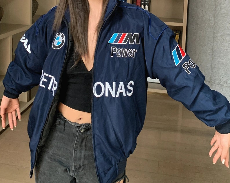 Blaue BMW Vintage Rennjacke Formel 1 Rennjacke Mercedes Vintage Style // Bomberjacke Mode Y2K harajuku Bild 7