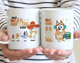 Maximal 4 Kinder, personalisierte Bluey Mom-Tasse, beste Mama aller Zeiten, personalisierte Bluey Mom-Tasse, Bluey-Muttertagstasse, individuelle Bluey-Tasse