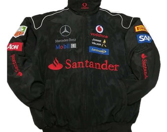 Blouson de course Santander unisexe Mercedes benz Blouson de course style rare Streetwear F1 Fasion Blouson brodé noir