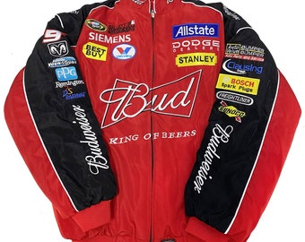 Chaqueta de carreras Nascar Budweiser, chaqueta bomber de carreras NASCAR F1, chaqueta de carreras, chaqueta de gran tamaño, estilo callejero, ropa de calle de los años 90