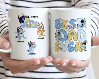 Mug Bluey personnalisé - Meilleur papa de tous les temps - Famille Bluey - Fête des pères 2024 - Mug gratuit personnalisé