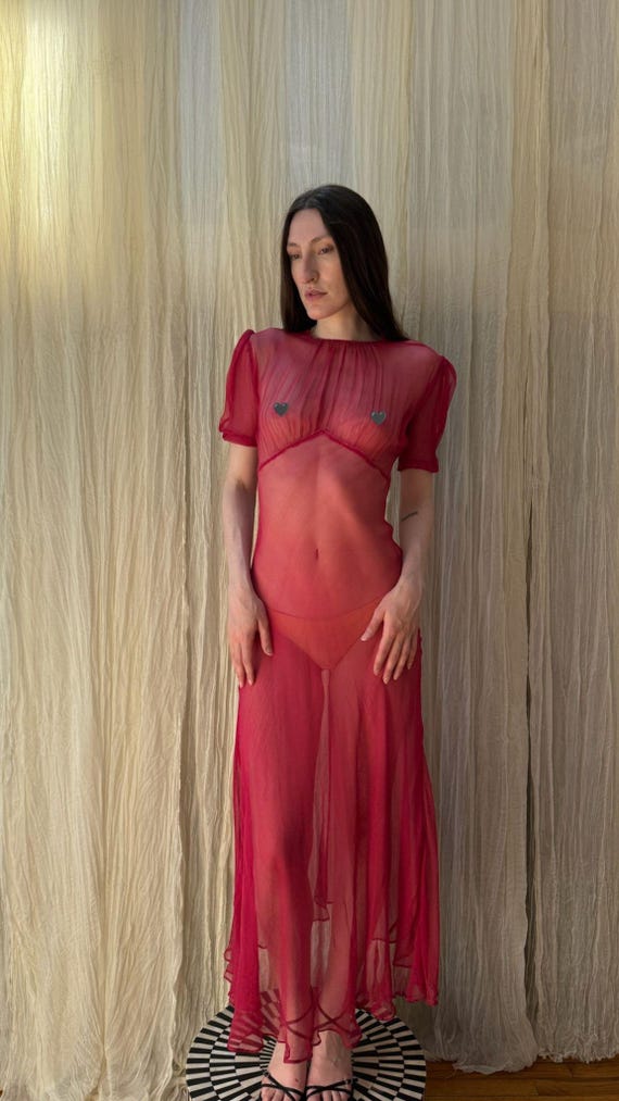 1930s deep fuchsia sheer bias cut gown