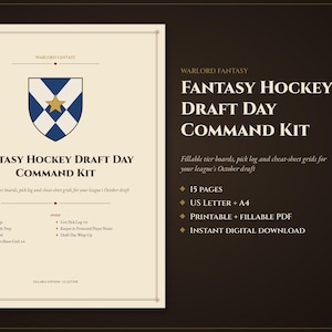 Op de afbeelding: Een digitaal Fantasy Hockey Draft Day Command Kit document met een blauw-wit schild en een gouden ster. De tekst bevat Warlord Fantasy, Fantasy Hockey Draft Day Command Kit en lijsten met inbegrepen pagina's zoals League Settings en Pick Logs.