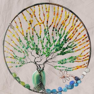 Handcrafted 10" Copper Wire Tree of Life Suncatcher with green / yellow crystal bead leaves, glass beads as the ground, and green agate.