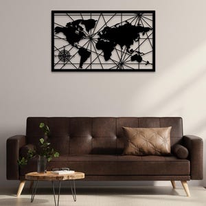 Metalen wanddecoratie geometrische wereldkaart | Zwart metalen wandbord wereldkaart | Wandkleden voor kantoor | Woonkamerdecoratie | Cadeau voor housewarming