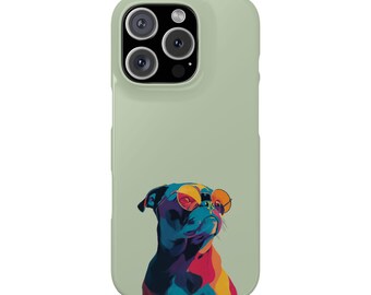 Retro pop-art pug-zonnebril met kliksluiting | Telefoonhoesje, opvallend kleurrijk ontwerp