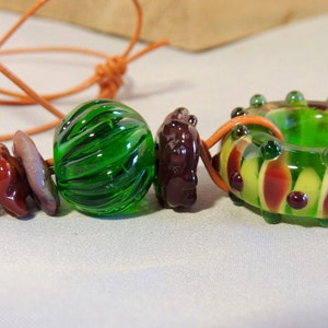 Artisan Glass Bead Necklace with 5 handmade beads on leather cord image 3