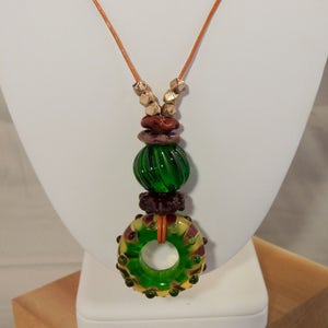 Artisan Glass Bead Necklace with 5 handmade beads on leather cord image 1