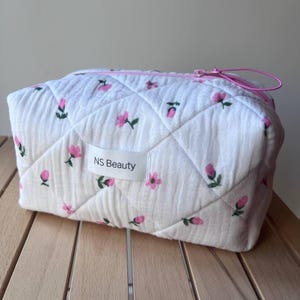 Handmade Quilted Floral Makeup Bag: White Cotton Cosmetic Pouch