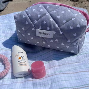 Quilted Heart Makeup Bag, Soft Grey Cosmetic Pouch, Travel Toiletry Bag, Zipper Bag, Handmade Travel Pouch, Grey Cosmetic Bag