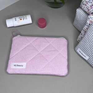 Pink quilted cosmetic bag, Cute cosmetic bag, Flat quilted cosmetic bag, Aesthetic zipper pouch,  Cosmetic Organizer, Quilted Cosmetics Bag