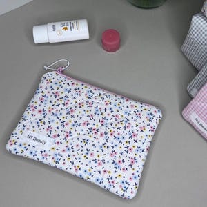 Floral Quilted Cosmetic Bag: Flat Zipper Pouch, Travel Organizer