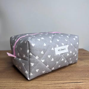 Quilted Heart Makeup Bag, Soft Grey Cosmetic Pouch, Travel Toiletry Bag, Zipper Bag, Handmade Travel Pouch, Grey Cosmetic Bag