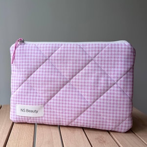 Pink quilted cosmetic bag, Cute cosmetic bag, Flat quilted cosmetic bag, Aesthetic zipper pouch,  Cosmetic Organizer, Quilted Cosmetics Bag