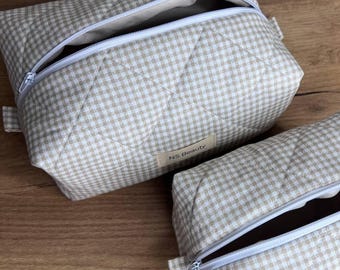 Handmade Quilted Gingham Cosmetic Bag: Beige Travel Makeup Organizer