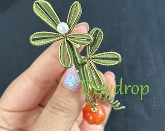 Handmade Green Silk Flower Brooch Vintage Floral Pin with Pearl & Pumpkin Charm, Autumn Nature Inspired Accessory, Elegant Botanical Jewelry