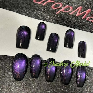 Paznokcie z efektem Galaxy Cat Eye Press-On: Zestaw do paznokci z brokatem Purple Nebula Cosmic