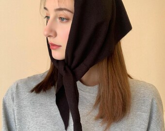 Black Knit Triangle Scarf: Wool Blend French Retro Shawl