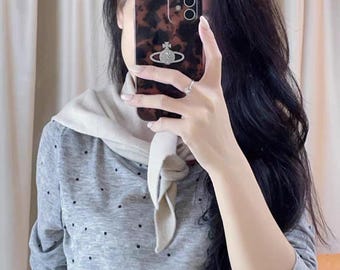 Beige Knit Triangle Scarf: Wool Blend French Retro Shawl