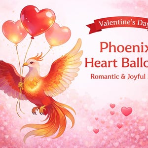 May include: A digital illustration for Valentine's Day features a phoenix holding heart-shaped balloons. The phoenix is red, orange, and yellow, with a banner that reads "Valentine's Day." The text "Phoenix Heart Balloons" is also displayed.